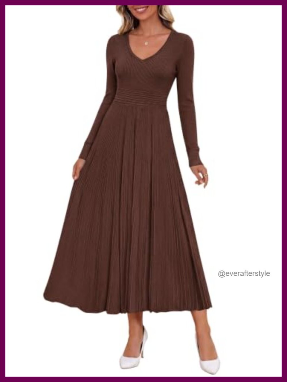 Viscose Blend V Neck Pleated Midi Sweater Dress Long Sleeve